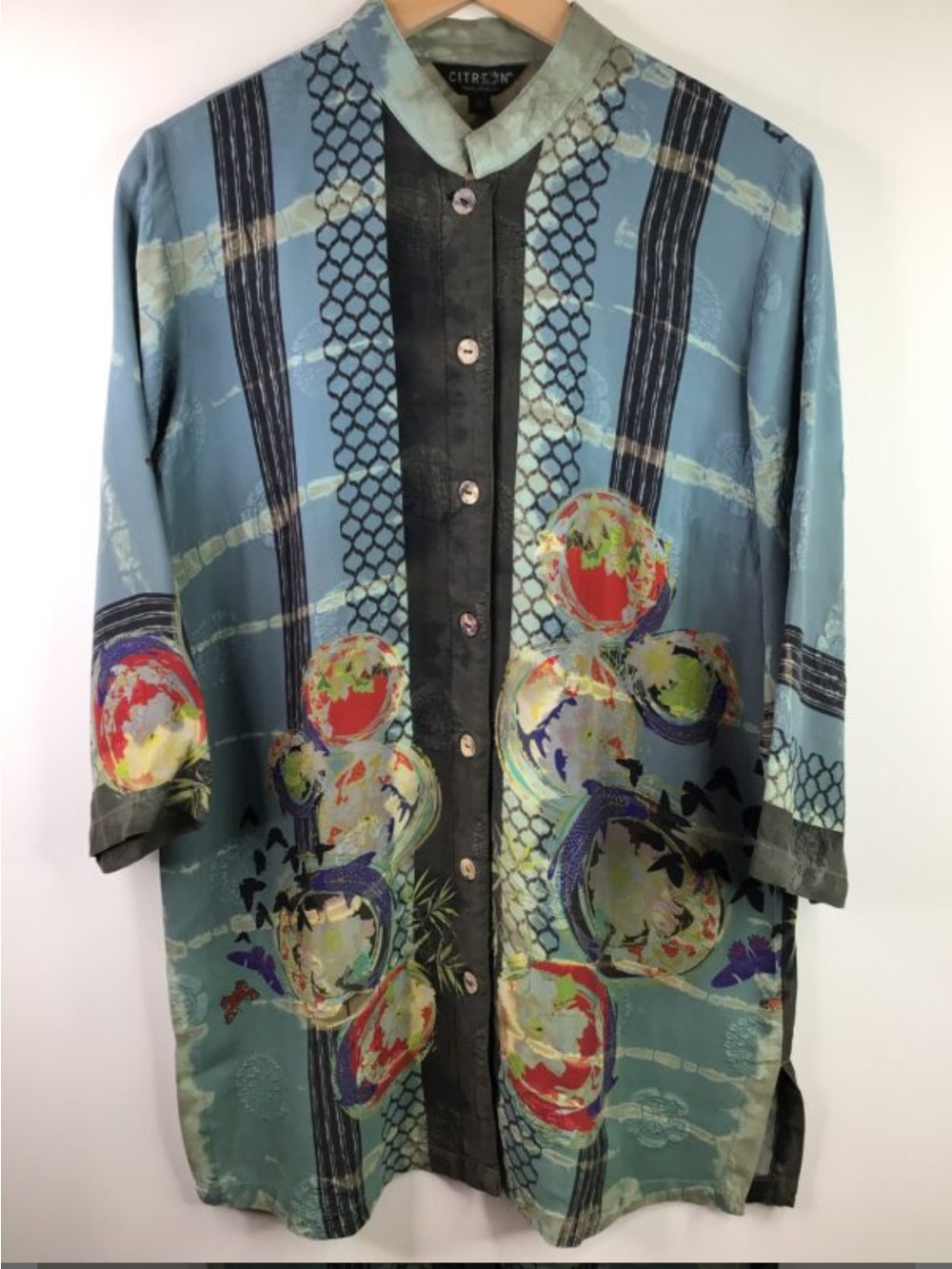 Citron Santa Monica Silk Rayon Koi Fish Abstract Art Tunic Blouse